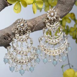 Zeneme Gold Plated Lime Green Kundan With Beaded Pearl Chand Bali Earrings-picture-32
