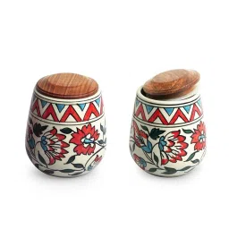 ExclusiveLane White & Brown Ceramic Persian Floral Air-Tight Storage Container - Set of 2 image 2