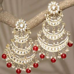 Zeneme Gold Plated Red Kundan With Beaded Pearl Chand Bali Earrings-picture-13