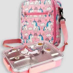 Little Surprise Box Pink Party Hat Unicorn Big Size Stainless Steel Kids Lunch Box With Lunch Bag image 2