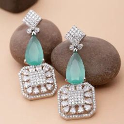 Zeneme Rhodium Plated Silver Toned Green AD Square Drop Earrings-picture-20
