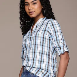 The Roadster Life Co. Checked Mandarin Collar Roll-Up Sleeves Top image 4