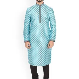 Manu Men Turquoise Blue Self Design Kurta with Churidar-picture-15