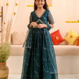 Pspeaches Girls Teal Georgette Regular Fit Sequence Lehenga Choli-picture-49