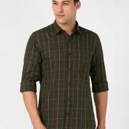 Peter England Green Cotton Slim Fit Checks Shirt-picture-30