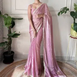 Saree Mall Mauve Organza Embellished Saree with Blouse Piece image 2