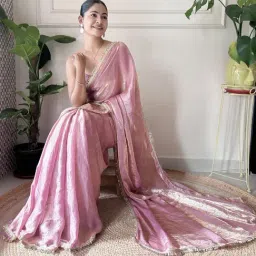 Saree Mall Mauve Organza Embellished Saree with Blouse Piece image 3