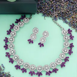 DIVASTRI Set Of 2 Sliver Plated American Diamond Studded Jewellery Set image 3