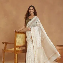 Fabindia White Cotton Silk Blend Hand Block Printed Saree image 3