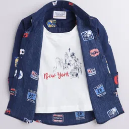 Polka Tots Full Sleeves Abstract Printed Shirt With New York Printed Attached T Shirt - Navy Blue-image-6