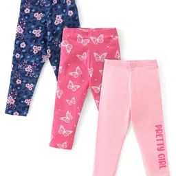 Babyhug Cotton Lycra Full Length Leggings Floral & Butterfly Print Pack of 3 - Pink & Blue-picture-34