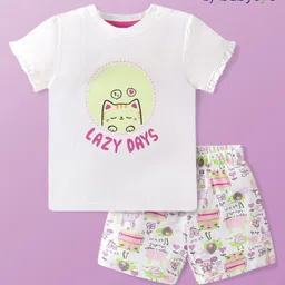 Babyoye Eco Conscious Female Cotton Modal All Over Printed Half Sleeves Nightwear White 0-3M-image-87