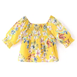 Babyhug Rayon Woven Half Sleeves Top With Smoking Detailing Floral Print - Mustard-picture-30