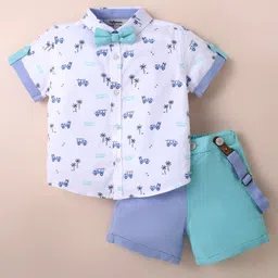 ToffyHouse 100% Cotton Woven Half Sleeves Beach Theme Printed Shirt & Shorts Set With Bow & Suspender - Multicolor-picture-10