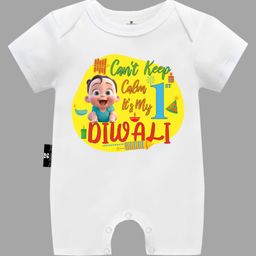 The Peppy Tend Diwali Theme 100% Cotton Half Sleeves Cant Keep Calm Its My 1st Diwali Text Printed Romper - White-picture-3