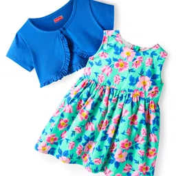 Babyhug Cotton Woven Frock & Half Sleeves Shrug With Floral Print - Sea Green-picture-14