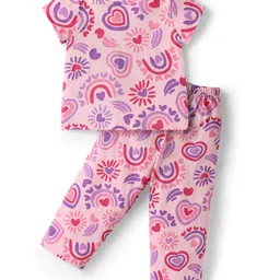 kookie kids india Kookie Kids Single Jersey Knit Half Sleeves Night Suit With Heart Print - Pink image 1