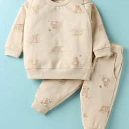 Zero Fleece Knit Full Sleeves Bear Printed Winter Co-Ord Night Suit - Beige-picture-7