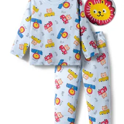 Mark & Mia Interlock Knit Full Sleeves Winter Wear Co-ords Night Suit With Animal Print - Blue-picture-22