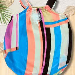 Creative Kids Georgette Woven Sleeveless Colour Blocked Printed Floral Applique Detailed Onesie - Blue & Pink-picture-14