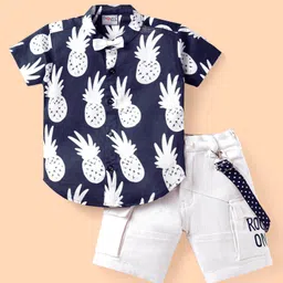 Dapper Dudes Half Sleeves Pineapple Printed Shirt & Shorts With Suspender & Bow - Navy Blue-picture-15