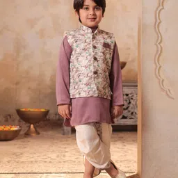 AJ Dezines Cotton Blend Woven Full Sleeves Solid Kurta Dhoti With Floral Printed Jacket Set - Pink-picture-24