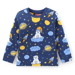Babyhug Cotton Knit Full Sleeves Night Suit With Bear & Space Theme Print - Navy image 2