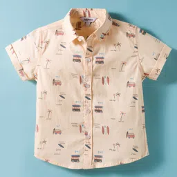 ToffyHouse Cotton Woven Half Sleeves Shirt & Shorts Set with Bow Suspender & Beach Theme Print - Brown & Cream image 2