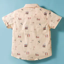 ToffyHouse Cotton Woven Half Sleeves Shirt & Shorts Set with Bow Suspender & Beach Theme Print - Brown & Cream image 3