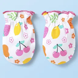 Babyhug 100% Cotton Knit Cap Mittens & Booties With Floral & Fruit Print & Bow Applique - White image 4