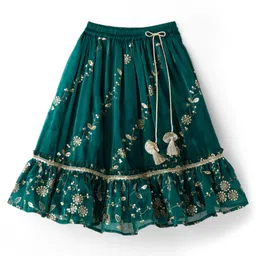 Babyhug Woven Half Sleeves Choli Lehenga & Dupatta Set With Floral Sequin Embriodery - Teal Blue image 4
