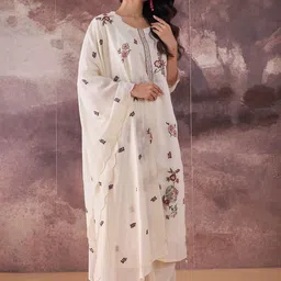 Indo Era Floral Embroidered Thread Work Straight Kurta With Trousers & Dupatta-picture-19