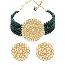 Sukkhi Gold-Plated Green & White Pearl-Studded Beaded Sustainable Jewellery Set image 3