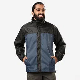 quechua Men Full Zip Rain Jacket with Storage Pouch Black Blue - NH100 image 4