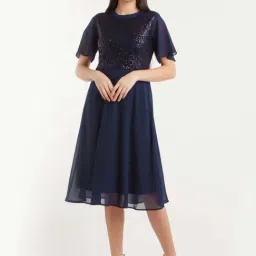 Zink London Navy Embellished A-Line Dress-picture-30