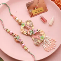 Saraf RS Jewellery Set Of 2 Handcrafted Flowers & Pearl Beaded Designer Lumba & Rakhi Set For Bhabhi & bhabhi with Roli Chawal image 2