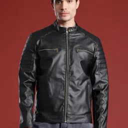 Leather Retail Black Faux Leather Regular Fit Printed Jacket-picture-44