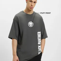 Bewakoof Men's Grey Wakanda Forever Graphic Printed Oversized T-Shirt image 2