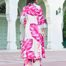Kaftanize Yellow And Pink Bold Leaf Printed Relaxed Fit Straight Kurta And Pant Set image 2