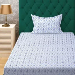 Klotthe White & Blue 300 TC Polycotton Single Elastic Book Fold Bedsheet with Pillow Cover image 2