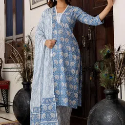 Indo Era Floral Printed Pure Cotton Kurta With Trousers & Dupatta-picture-7