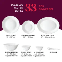 Larah by Borosil Jazzblue Fluted White Opalware 33 Pieces Dinner Set image 2