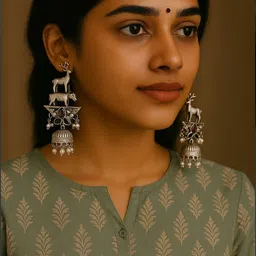 VYRA Silver-Plated Artificial Stones Studded & Beaded Dome Shaped Jhumkas image 5