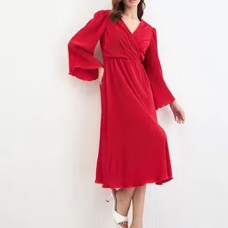 Styli Women Self Design Bell Sleeve Long Sleeves Gathered or Pleated Wrap Midi Dress image 2