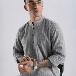 HERE&NOW Men Striped Mandarin Collar Cotton Straight Kurta-picture-28