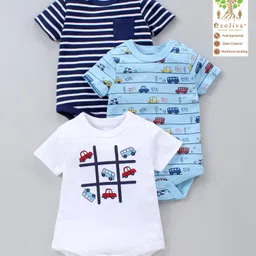 Babyoye 100% Cotton Half Sleeves Onesies with Eco-Jiva Finish Multi Print Pack of 3 - Blue White-picture-24