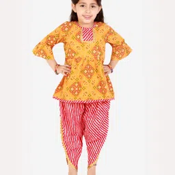 Superminis Three Fourth Sleeves Bandhej Kurti With Leheriya Dhoti Set -  Orange-picture-11