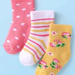 Cute Walk by Babyhug Cotton Lycra Knit Anti-bacterial Ankle Length Socks Polka Dots Strips & Floral Design Pack of 3 - Pink White & Yellow-picture-32