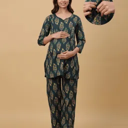 CRAFIQA Cotton Three Fourth Sleeves Floral Printed Nursing Maternity Night Suit With Concealed Zipper Nursing Access - Green-picture-13