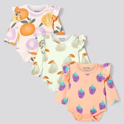 Bonfino 100% Cotton Full Sleeves Onesies With Fruit Print & Frill Detailing Pack Of 3 - Peach Light Green & Purple-picture-23